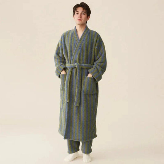 Men's Coral Velvet Striped Robe Set (Blue/Green)