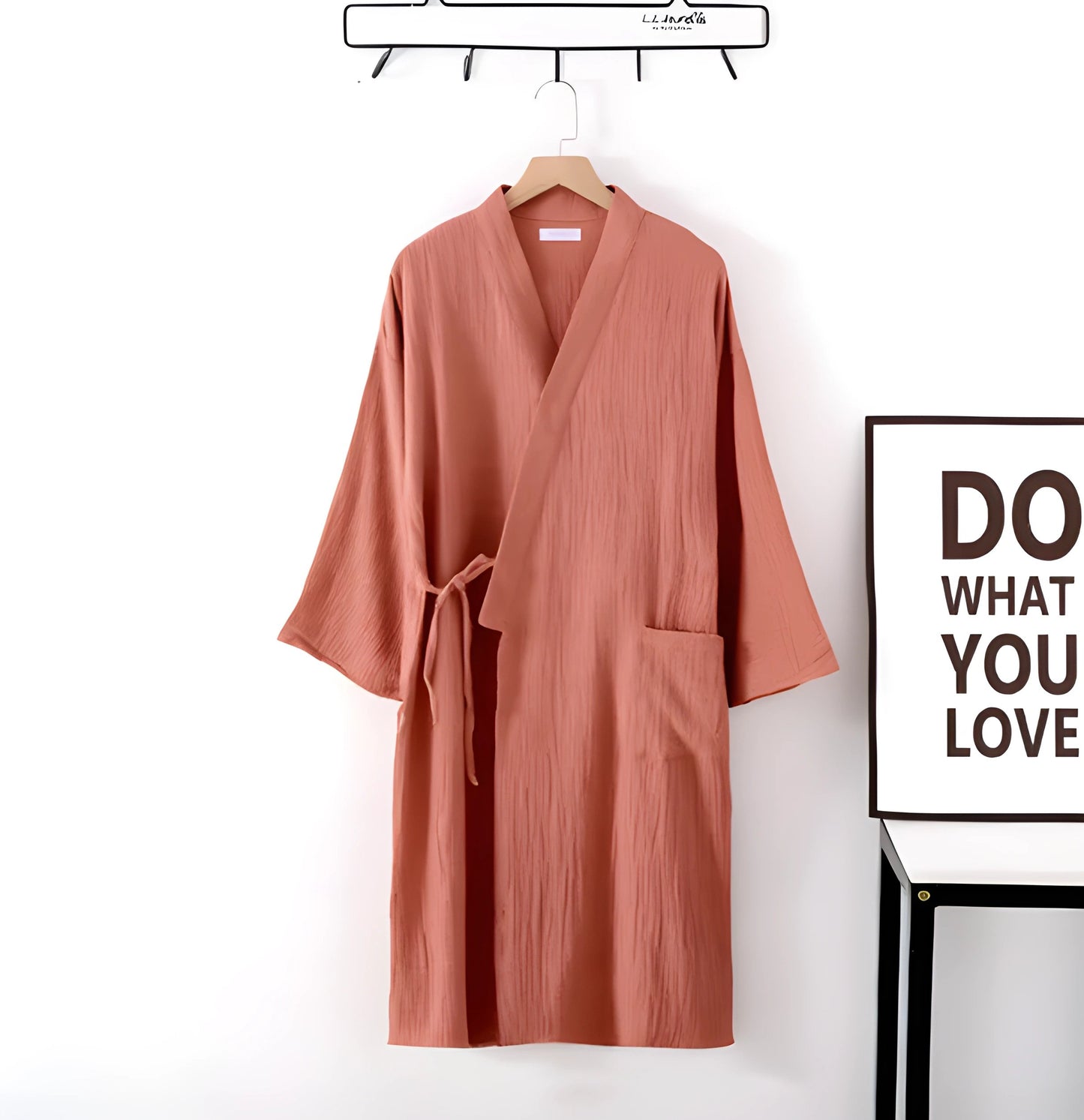 Robe kimono en coton crêpe style japonais pour femme - Rouge brique