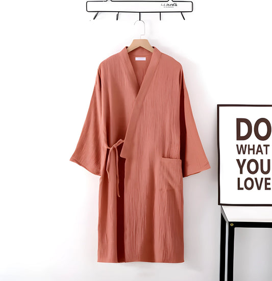 Robe kimono en coton crêpe style japonais pour femme - Rouge brique