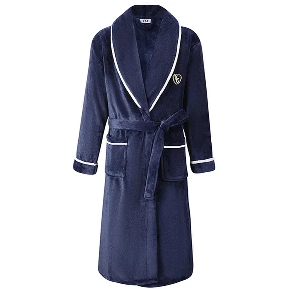 Plus Size Thick Flannel Men Robe Kimono Bathrobe Gown Coral Fleece Sleepwear Home Clothes Autumn Winter Nightwear Lounge Wear - Men Navy Blue 1
