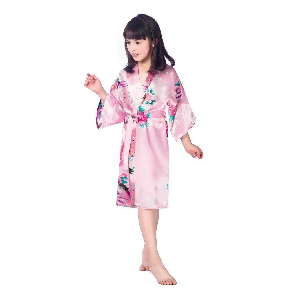 Kids Satin Floral Kimono Robe Pink