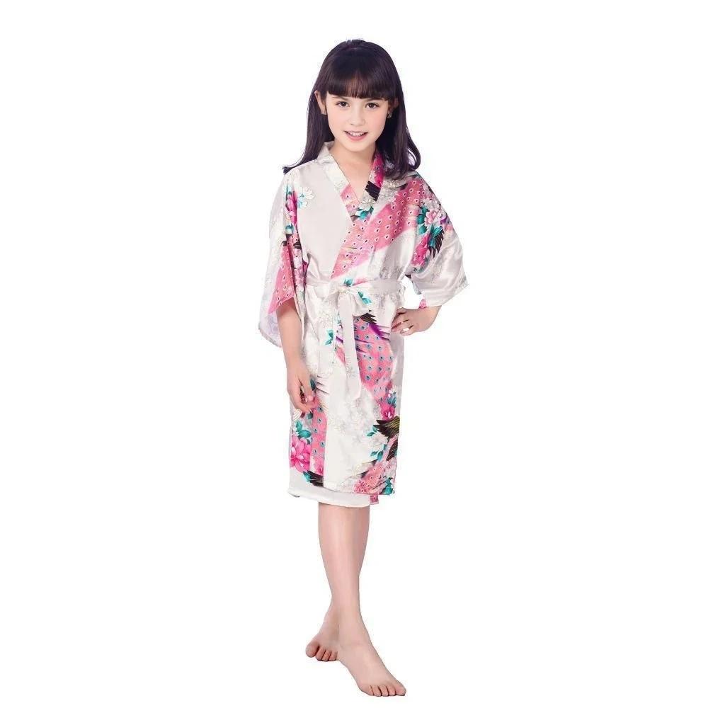 Kids Satin Floral Kimono Robe White