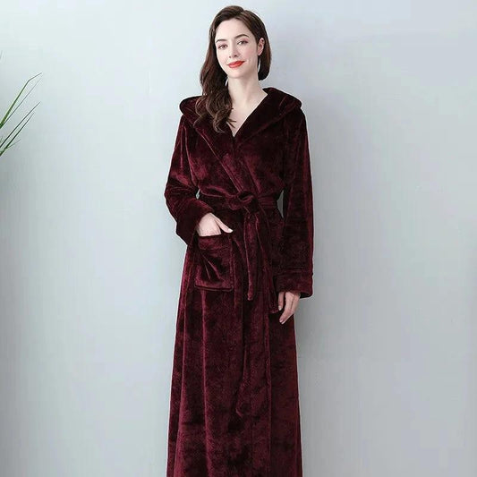Extra Long Winter Coral Fleece Bathrobe Burgundy