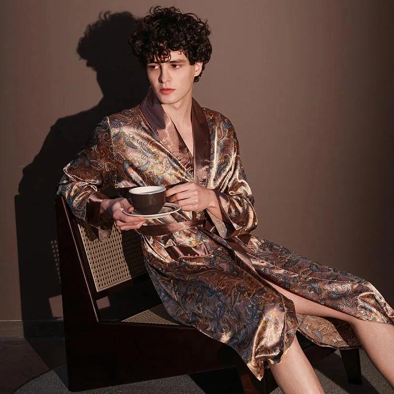 Robe d'intérieur en soie glacée pour homme - Motifs Paisley Marron Doré