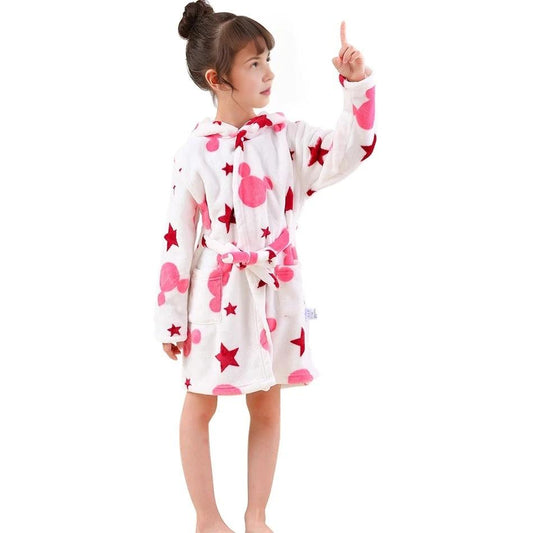 Children Hooded Fleece Bath Robe - White with Red Stars and Pink Mice Pattern