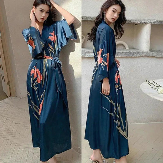 Robe Longue Bleu Marine à Fleurs (Variante 1)