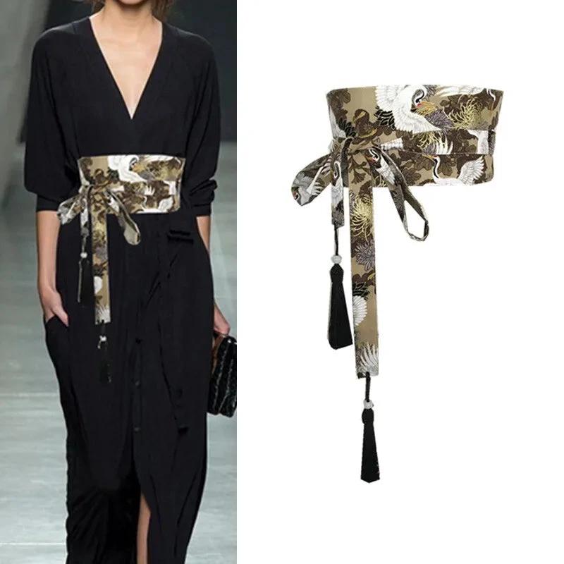 Japanese Retro Embroidered Wide Belt Women Japanese Floral Bronzing Kimono Obi Wide Belt Waistband Yukata Corset Waistband - Variante 18