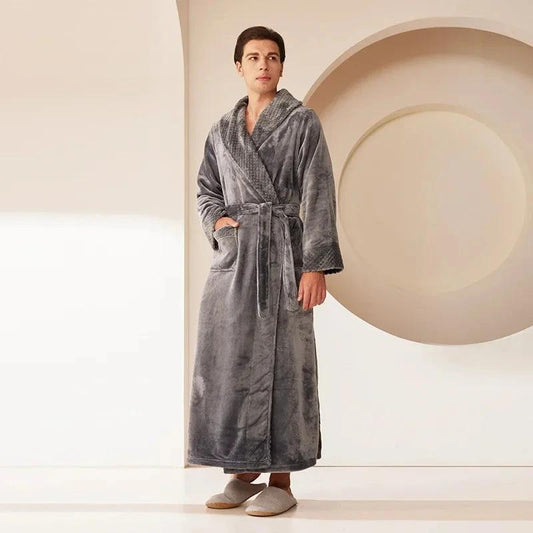 Robe de chambre longue en velours corail épais pour homme - Gris