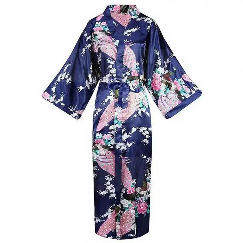 Robe kimono longue en satin pour femme avec poches - Motif paon bleu marine