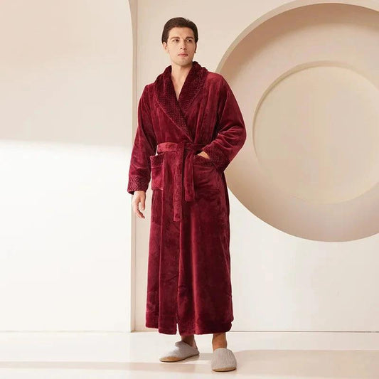 Robe Longue Kimono d'Hiver en Polaire Corail pour Homme Bordeaux