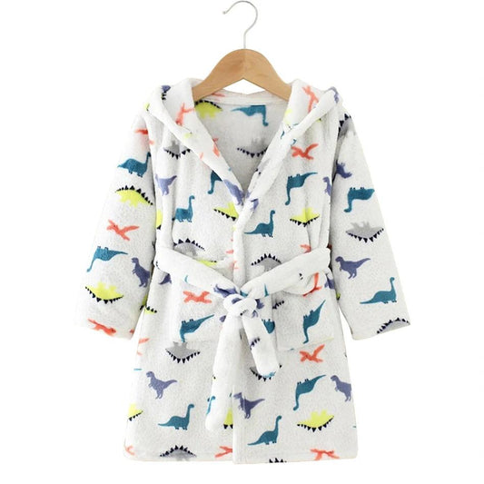 Children Hooded Fleece Bath Robe - White with Dinosaur Pattern