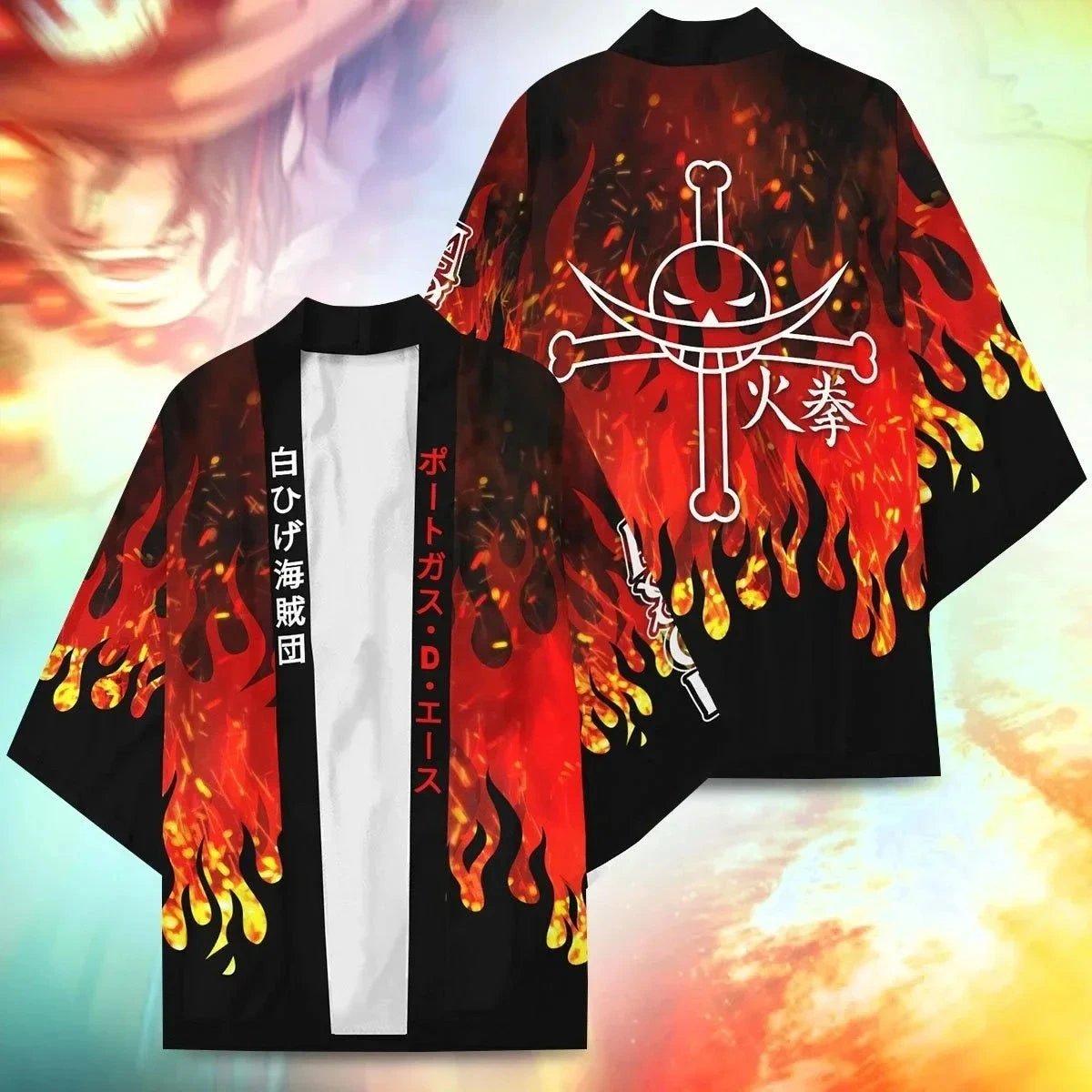 Anime One Piece Cosplay Costume Portgas D Ace Flames Cloak Kimono Cardigan Robe Print Casual Coat Clothes