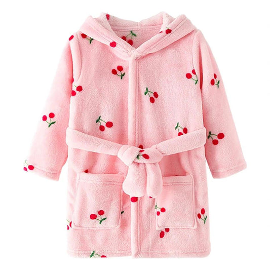 Children Hooded Fleece Bath Robe - Pink with Cherry Pattern