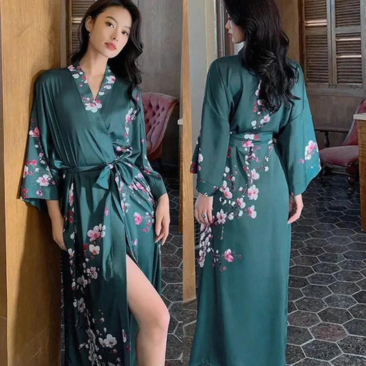 Robe Longue Verte à Fleurs de Cerisier