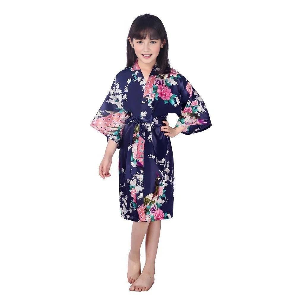 Kids Satin Floral Kimono Robe Navy