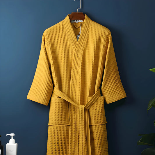 Adult Cotton Waffle Kimono Bathrobe Gown Yukata Couple Robe Negligee with Pocket Loose Casual Home Dress Loungewear Sleepwear - Yellow