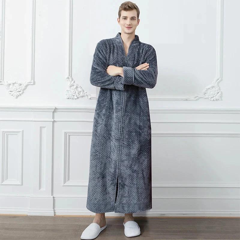 Men's Extra Long Thermal Jacquard Flannel Bathrobe with Zipper - Grey