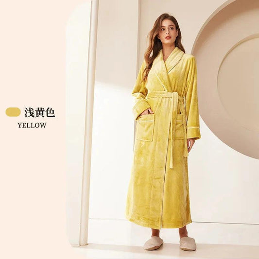 Robe de chambre longue en flanelle jaune pâle - Femme