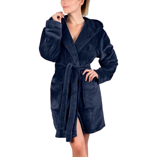 Autumn and Winter New Coral Fleece Hooded Sleepwear Women's Solid Color Sleeping Robe - Royal Blue