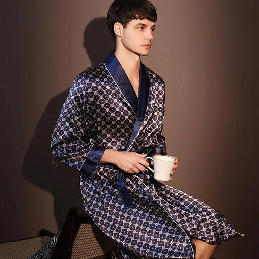 Robe d'intérieur en soie glacée pour homme - Motifs Géométriques Bleus