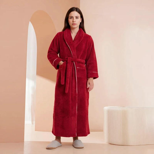 Men's Red Plush Long Fleece Bathrobe