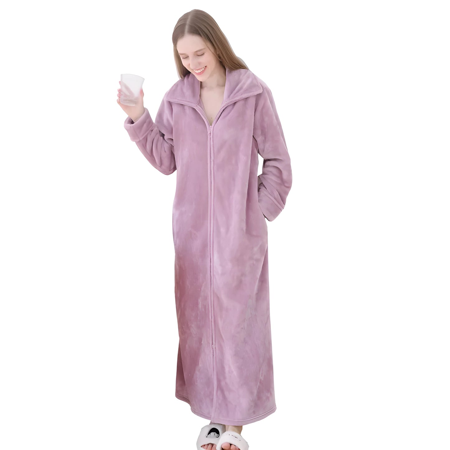 Robe d'intérieur longue et épaisse en flanelle violette pour femme