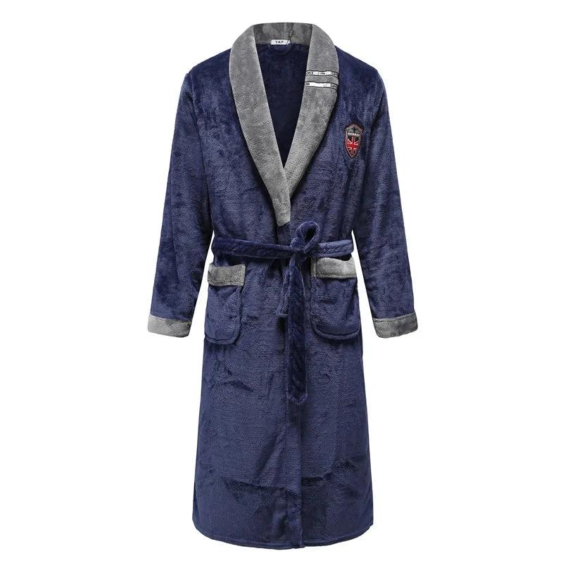 Autumn Winter Thick Flannel Men Robe Kimono Bathrobe Gown Coral Fleece Sleepwear Home Clothes Plus Size Nightwear Lounge Wear - Men Navy Blue 9