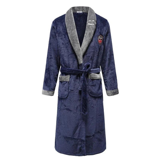 Autumn Winter Thick Flannel Men Robe Kimono Bathrobe Gown Coral Fleece Sleepwear Home Clothes Plus Size Nightwear Lounge Wear - Men Navy Blue 9