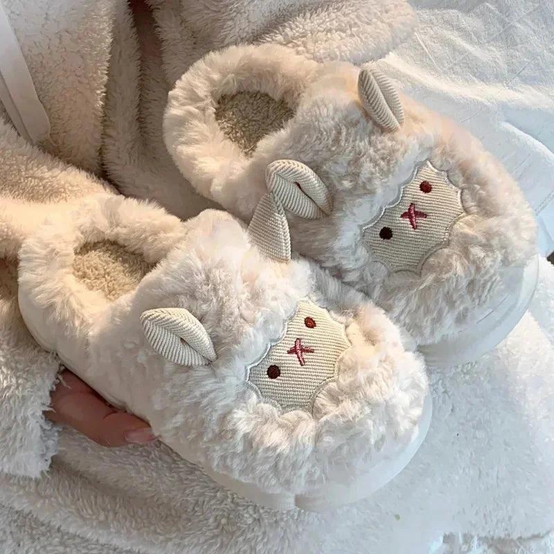 Winter Cartoon Plush Slippers Warm Fluffy Faux Fur Sheep Design Indoor Home Cotton Slippers - White