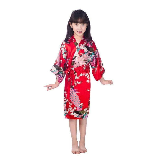 Kids Satin Floral Kimono Robe Red