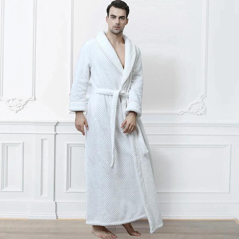 Men's Extra Long Thermal Jacquard Flannel Bathrobe with Belt - White