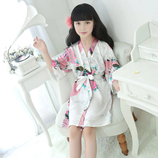 Kids Satin Floral Robe - White with Pink Accents