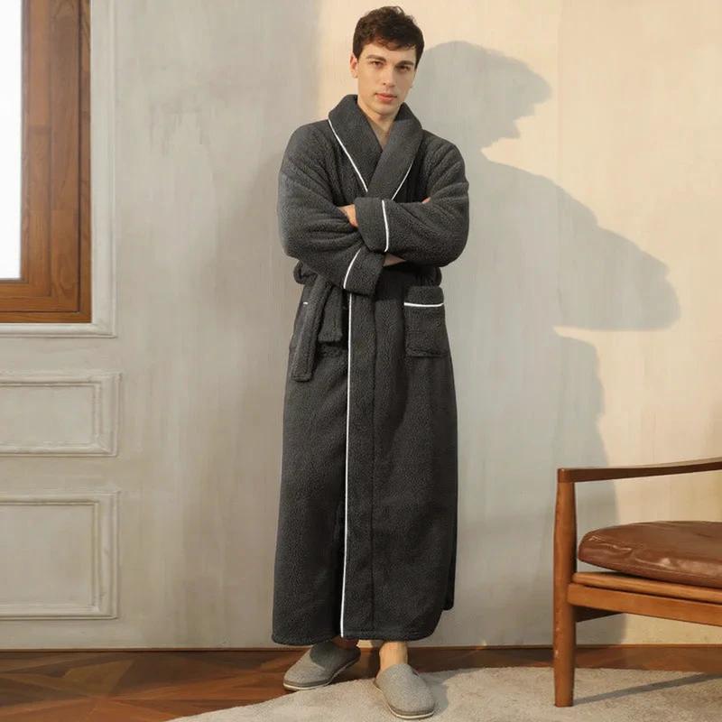 Men's Black Gray Plush Long Fleece Bathrobe