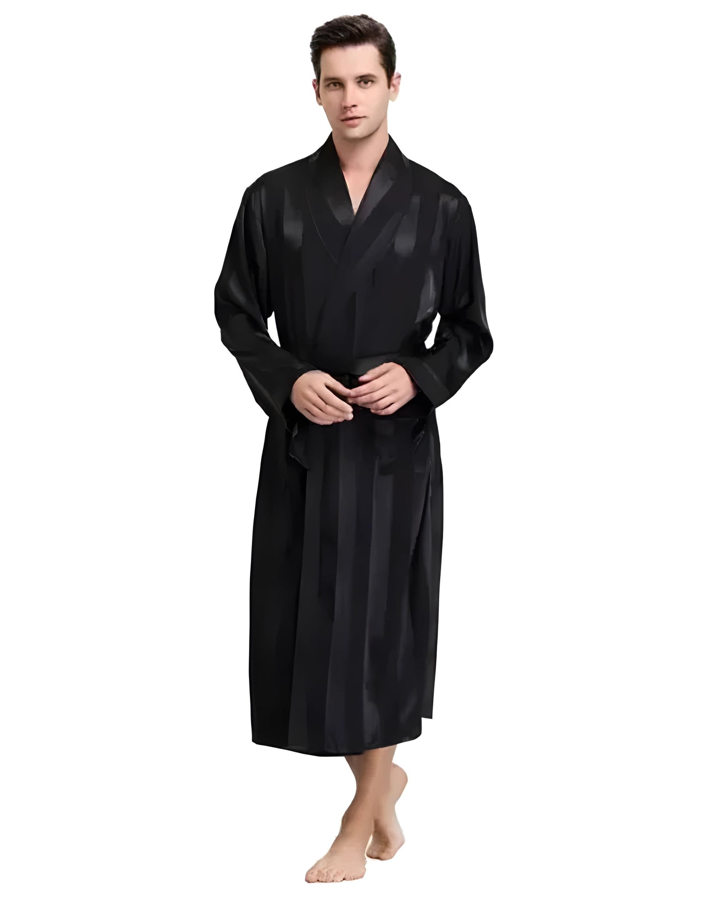 Men Bath Robe Black Striped Kimono Bathrobe Silk Long Dressing Gown