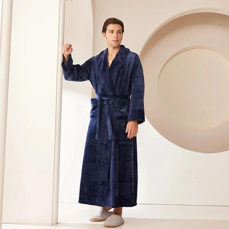 Robe Longue Kimono d'Hiver en Polaire Corail pour Homme Bleu Marine