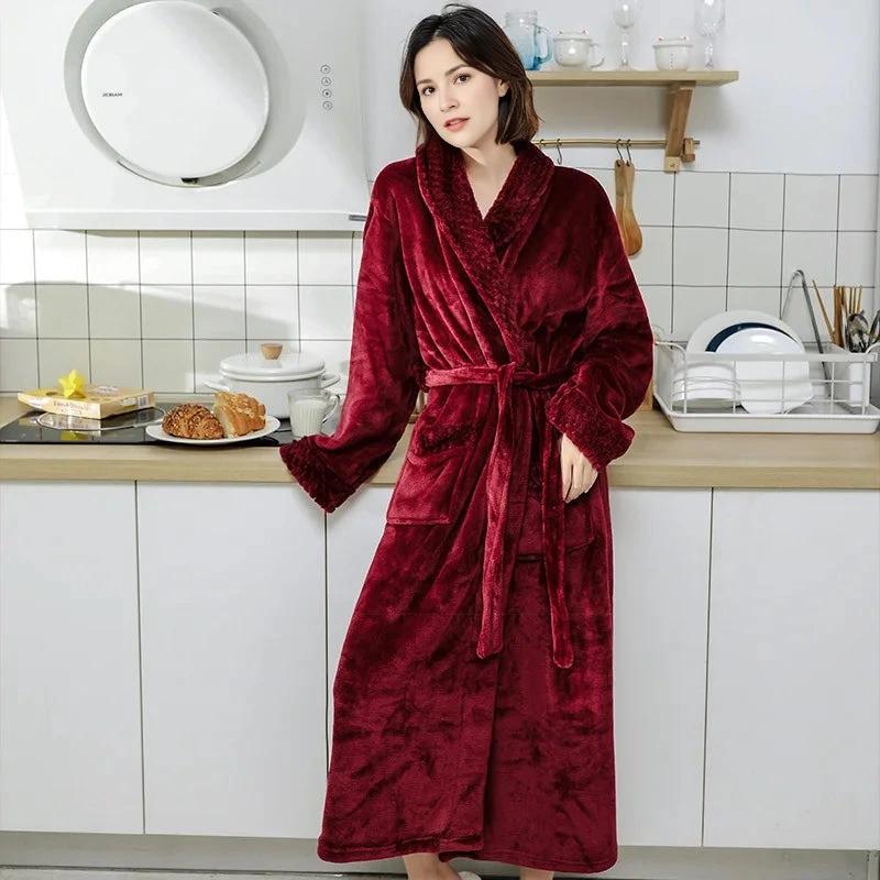 Robe d'hiver épaisse et chaude en flanelle pour femme - Rouge Vin