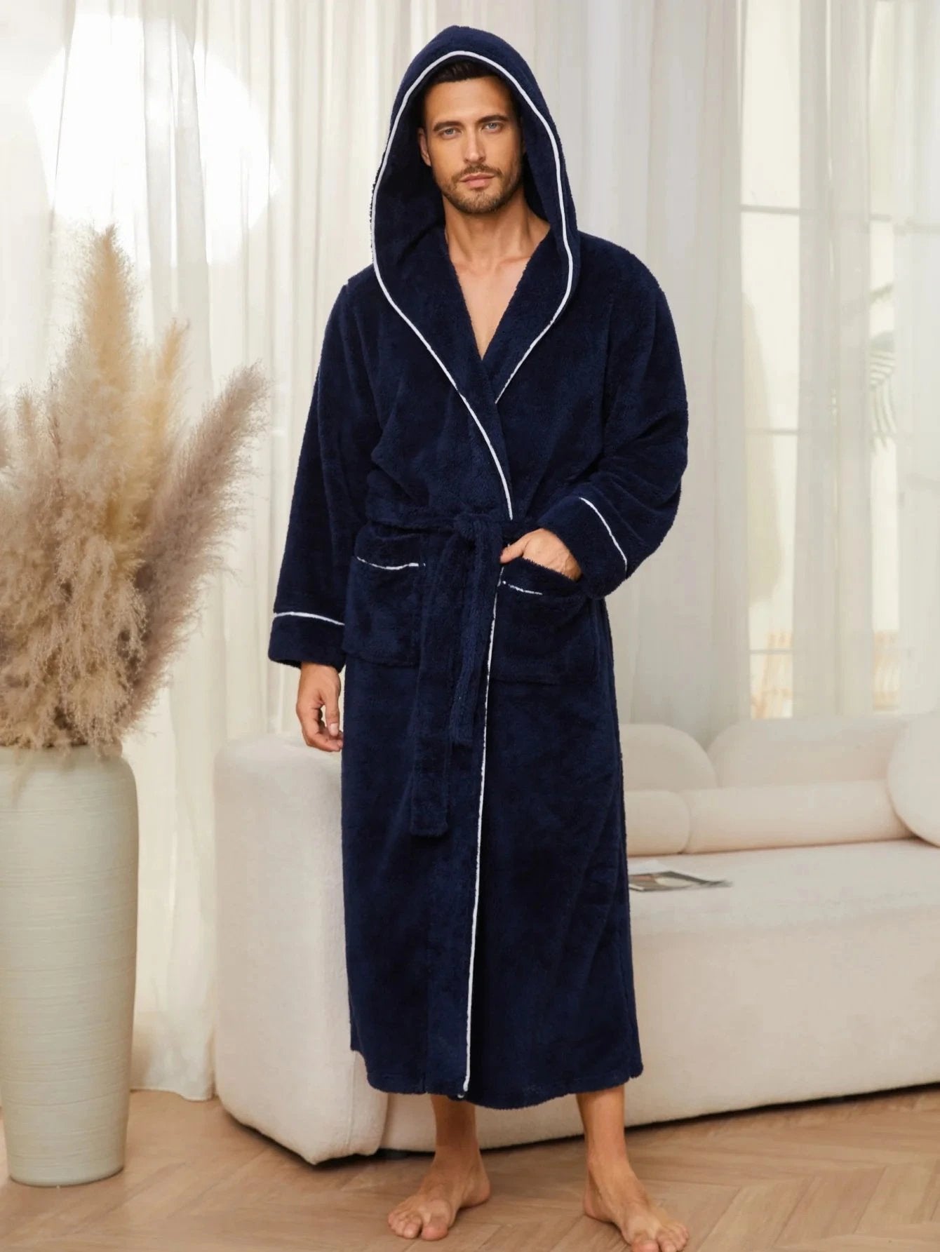 Robe de chambre confortable en coton flanelle pour homme - Bleu