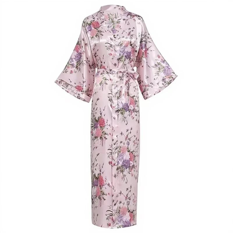 Robe kimono longue en satin pour femme avec poches - Motif floral rose