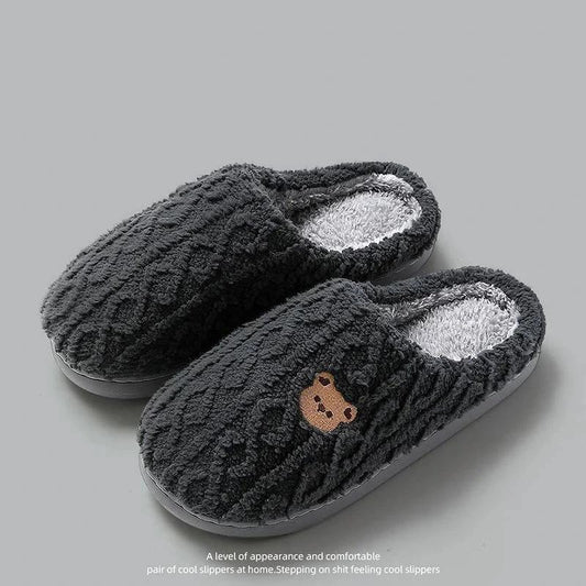 Winter Fluffy Shoes Women Cotton Slippers Cartoon Bear Thick Sole Warm Slides Gray