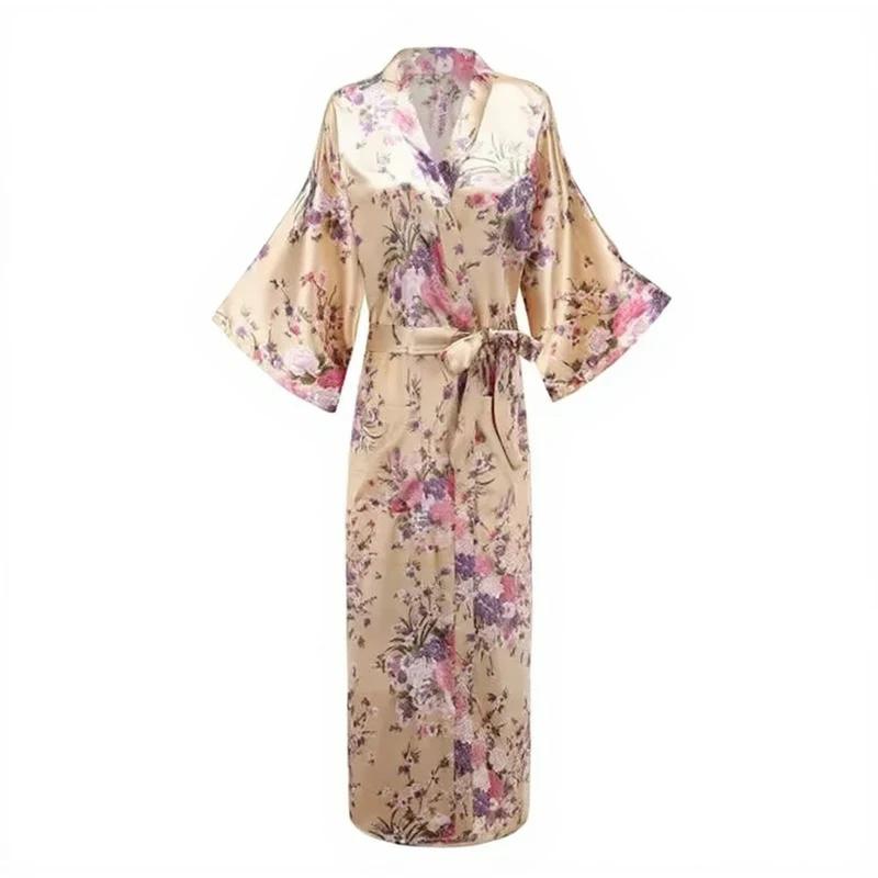 Robe kimono longue en satin pour femme avec poches - Motif floral champagne