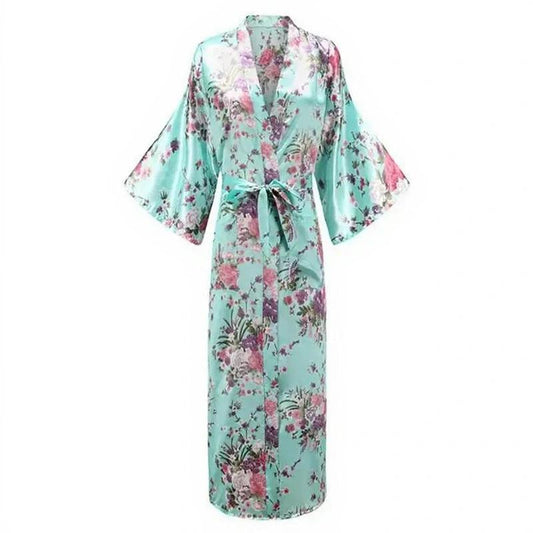 Robe kimono longue en satin pour femme avec poches - Motif floral bleu clair