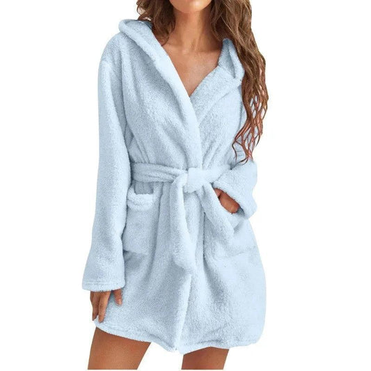 New Women Sleeping Robe "SKY BLUE" Thickened Winter Home Bathrobe Ladies Casual Hooded with Pockets Warm Simple Padded Pajamas