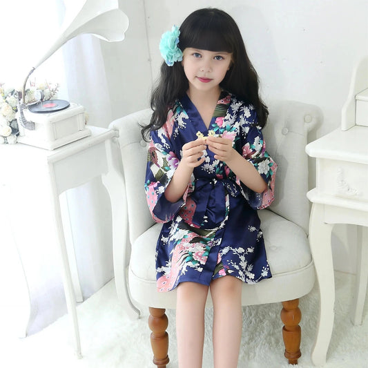 Kids Satin Floral Robe - Navy Blue