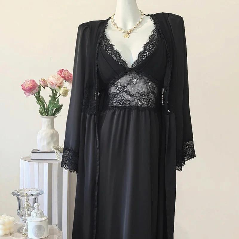 Nightgown Dress with Robe - Black Long B