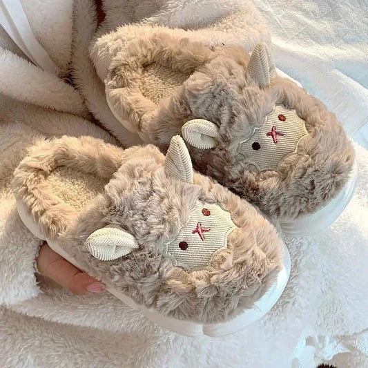 Winter Cartoon Plush Slippers Warm Fluffy Faux Fur Sheep Design Indoor Home Cotton Slippers - Coffee