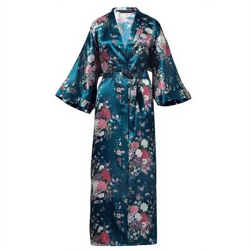 Robe kimono longue en satin pour femme avec poches - Motif floral vert foncé