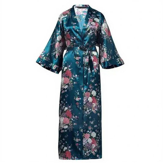 Robe kimono longue en satin pour femme avec poches - Motif floral vert foncé