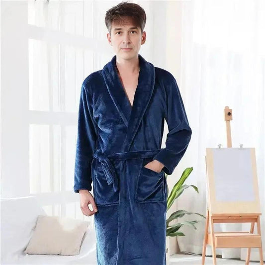 Men Adjustable Belt Bathrobe Blue L