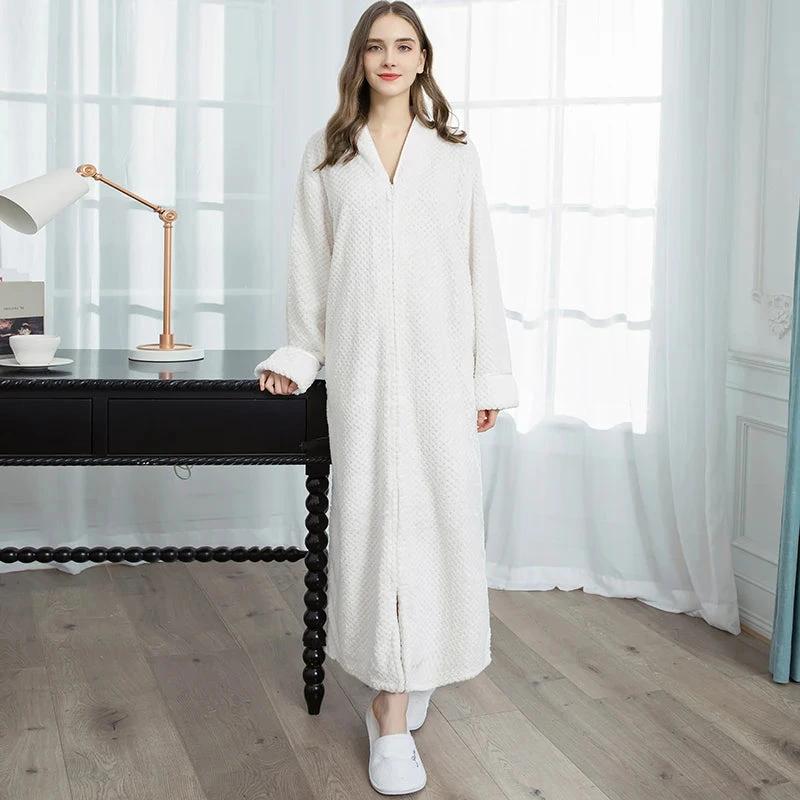 Women's Extra Long Thermal Jacquard Flannel Bathrobe with Zipper - White
