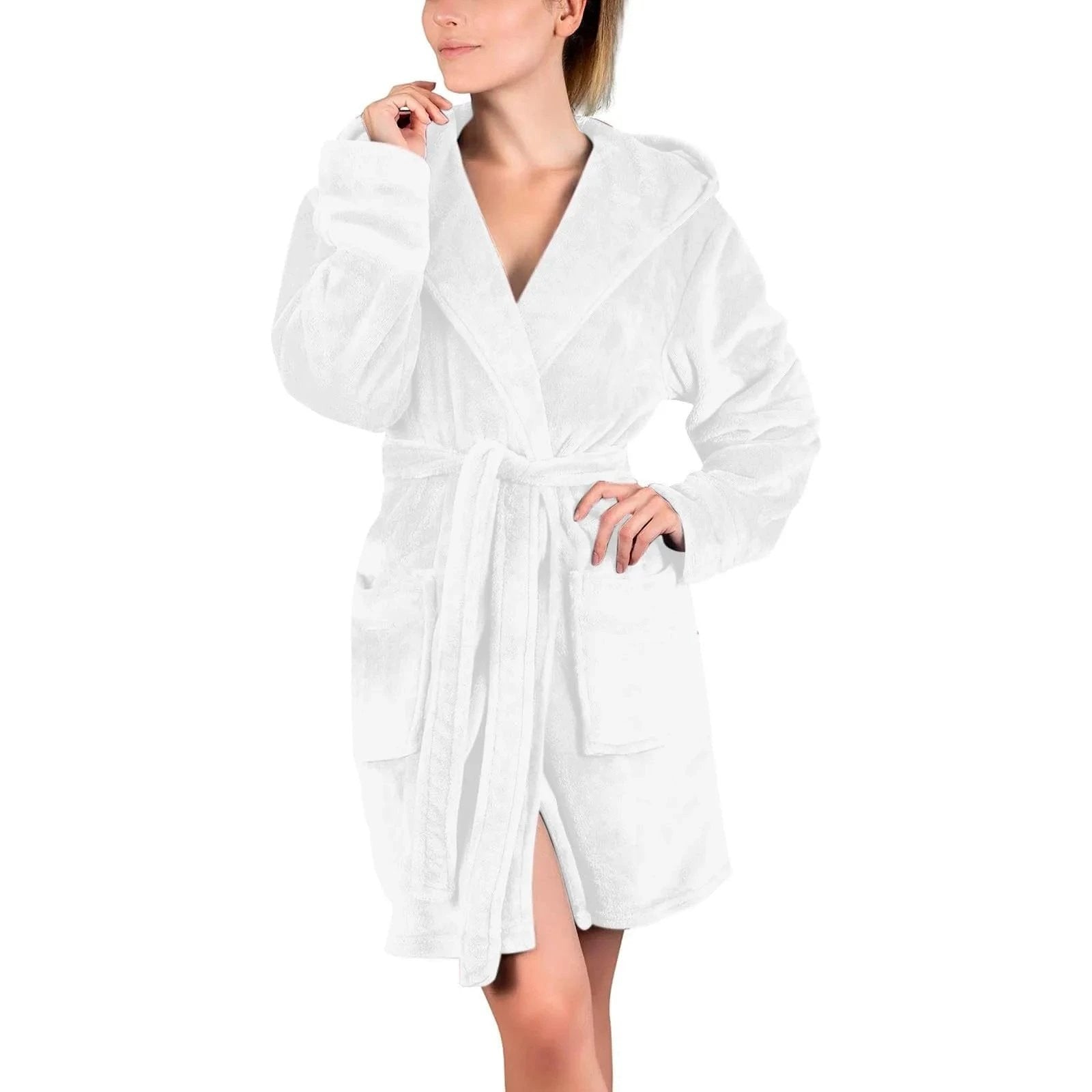 Autumn and Winter New Coral Fleece Hooded Sleepwear Women's Solid Color Sleeping Robe - White